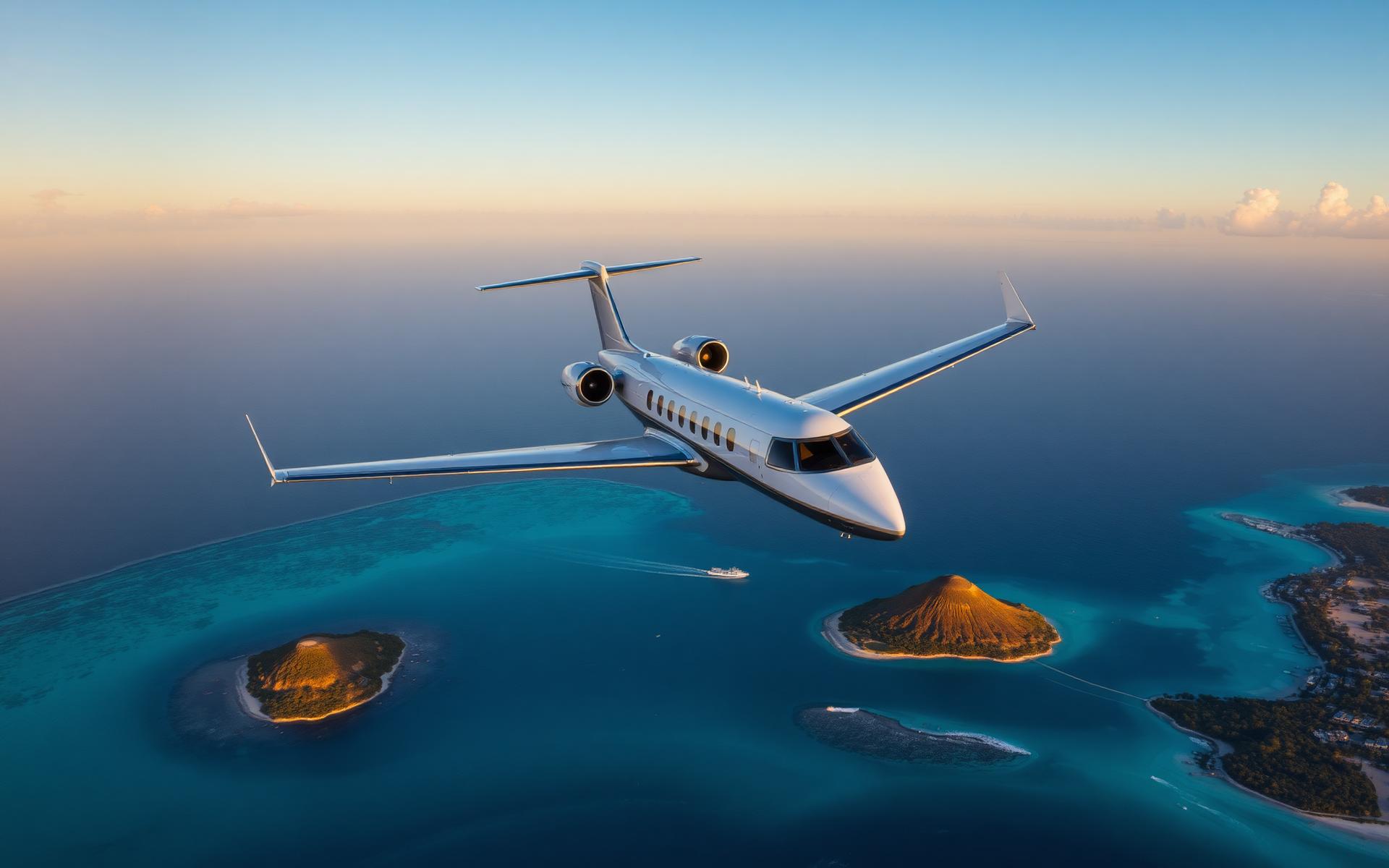 Private jet flying above tropical islands at golden hour